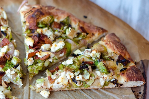 bacon, brussels sprouts and goat cheese pizza