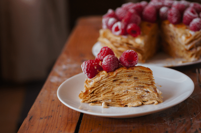 caramel and raspberry crepe cake