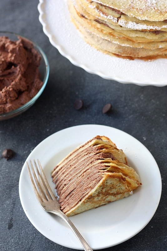 crepe cake with whipped chocolate ganache