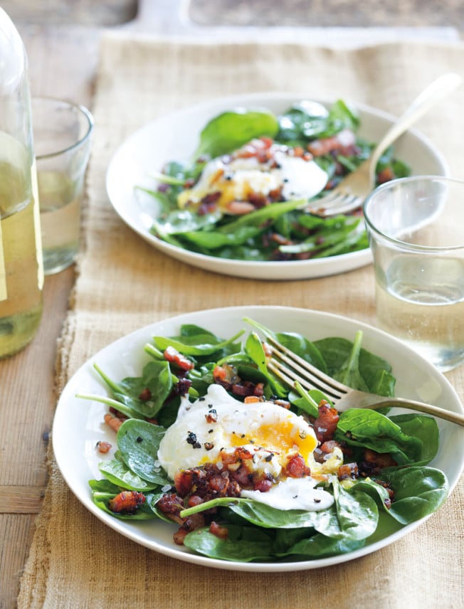 Easy Spring Dinner Ideas | Spinach Salad with Poached Eggs and Pancetta