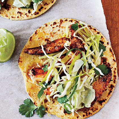 ancho chicken tacos with cilantro slaw and avocado cream