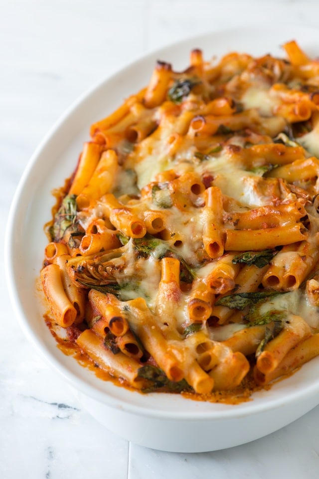 Artichoke Recipes : baked ziti with spinach artichokes and pesto