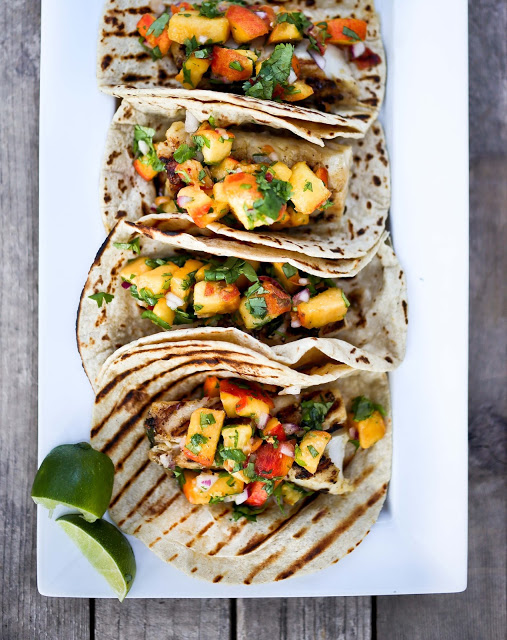 chipotle fish tacos with cilantro peach salsa