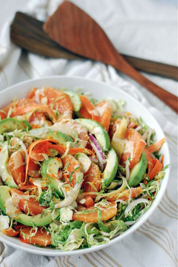 shaved brussels sprout and carrot salad with cara cara and avocado