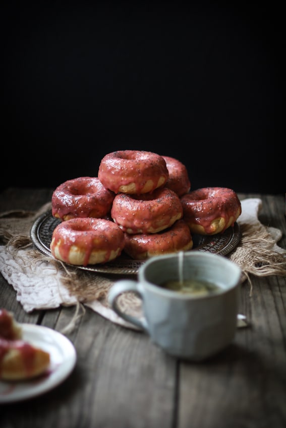 strawberry rhubarb and browned butter glazed doughnuts