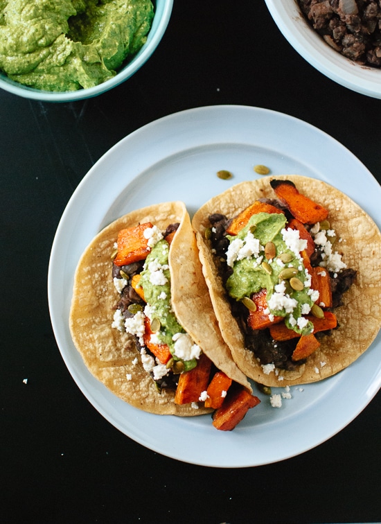 sweet potato and black bean tacos with avocado pepito dip