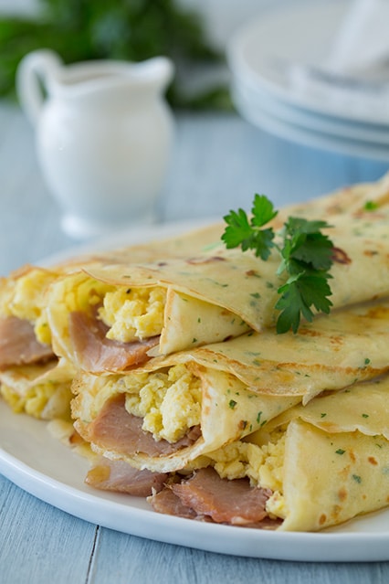 herbed crepes with eggs swiss and ham