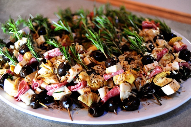 rosemary, artichoke, olive and mozzarella skewers