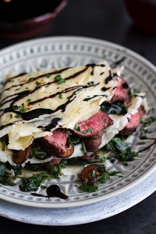 steak spinach musrrom crepes balsamic glaze