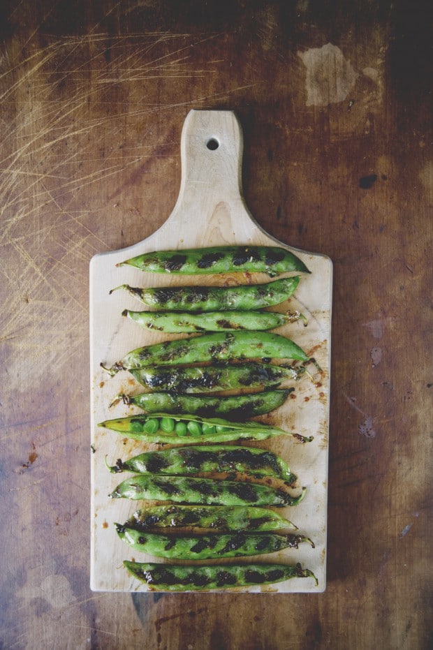 spicy grilled pea pods with chili soy glaze and mint