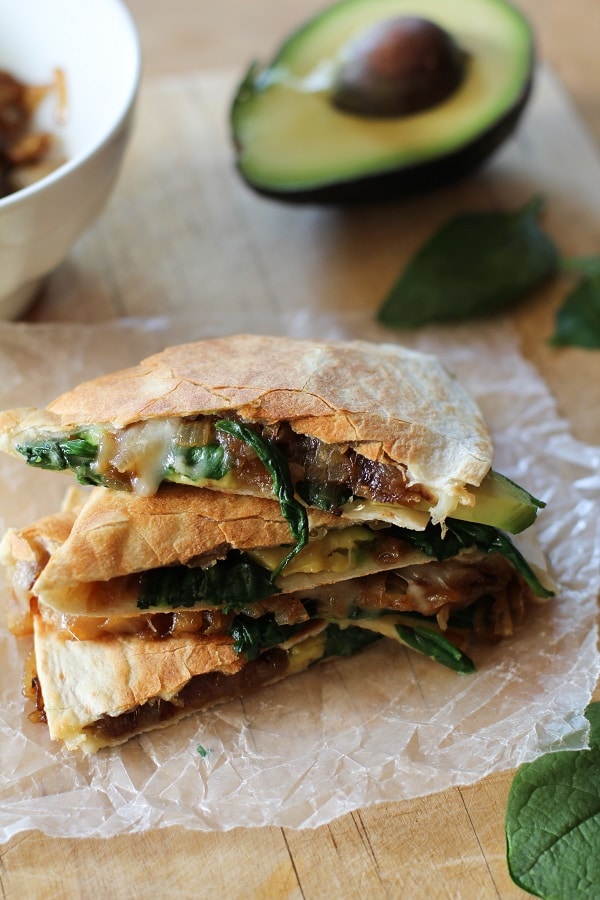 caramelized onion, spinach and avocado quesadillas | Easy Vegetarian Quesadilla Ideas