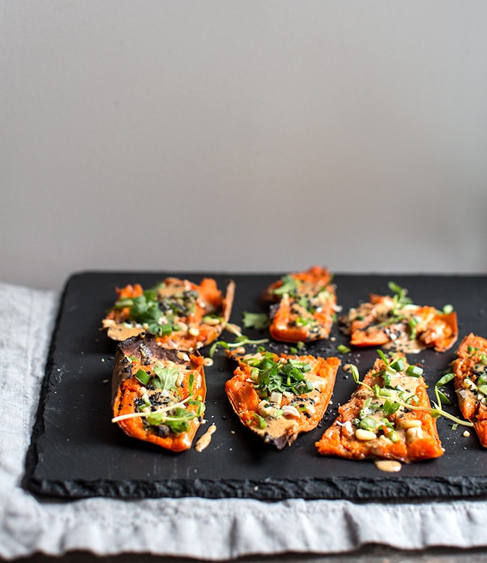 thai peanut sweet potato skins + 9 other delicious and unique game day snacks perfect for the Super Bowl | Rainbow Delicious