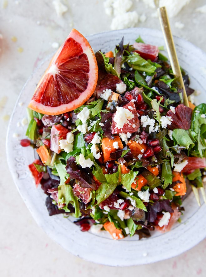 Healthy Winter Dinner Recipes: winter chopped salad with sweet potato and blood orange viniagrette + 4 other delicious recipes in this week’s Winter healthy dinner recipes meal plan | Rainbow Delicious