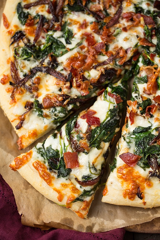 caramelized onion, bacon and spinach pizza