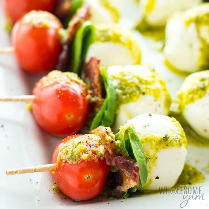 tomatoes bacon basil and mozzarella on skewers