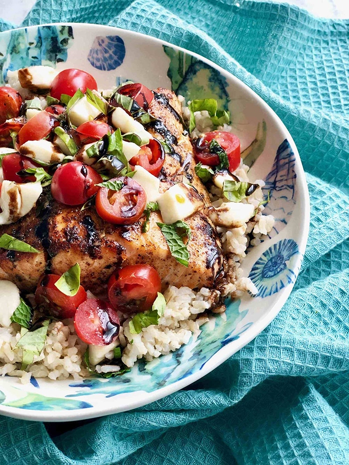 salmon with mozzarella tomato and basil