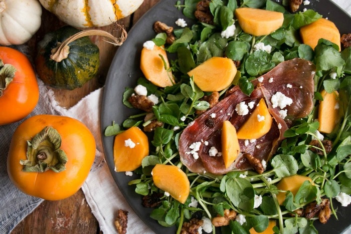 Healthy Weekly Meal Plan Persimmons and Watercress Salad with Candied Walnuts and Goat Cheese