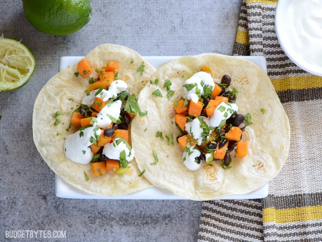 Simple Vegetarian Recipes with Budget Bytes | sweet potato tacos with lime crema