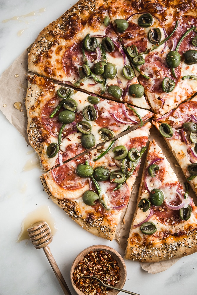 Recipes for Winter from The Modern Proper- salami jalapeno olive pizza with honey
