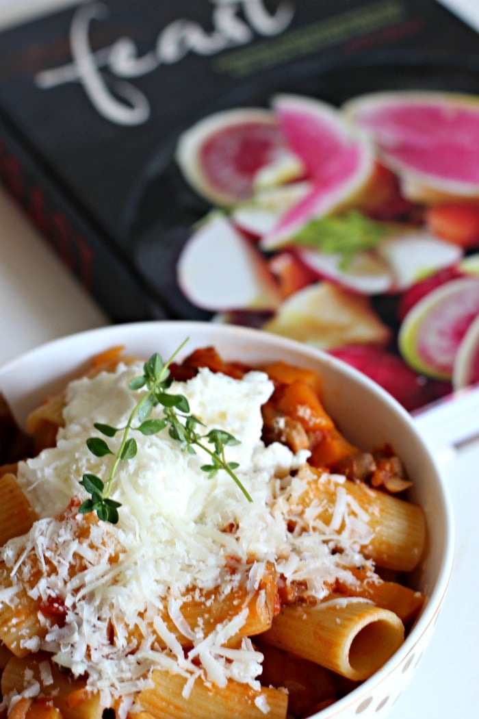 Vegetarian Ragu Pasta Recipe from Feast Cookbook with lots of vegetables