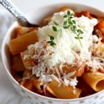 Vegetarian Ragu Pasta Recipe from Feast Cookbook with thyme garnish