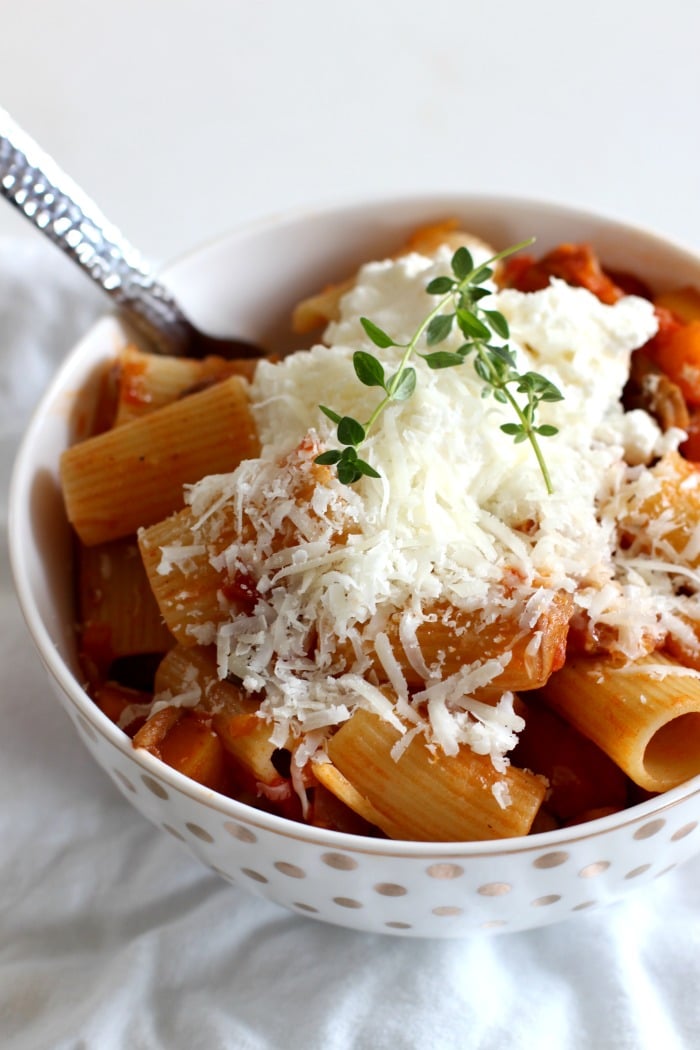 Vegetarian Ragu Pasta Recipe from Feast Cookbook with thyme garnish