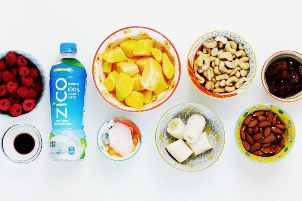 All of these ingredients combine to make an amazing no-bake raw vegan mango raspberry cheesecake recipe created in collaboration with @ZICOcoconut. #InsideIsEverything and the ingredients in this cheesecake are foods that are full of nutrients yet combine to make a rich and delicious dessert: fresh fruit, nuts, coconut oil, @ZICOcoconut water and dates. #ad