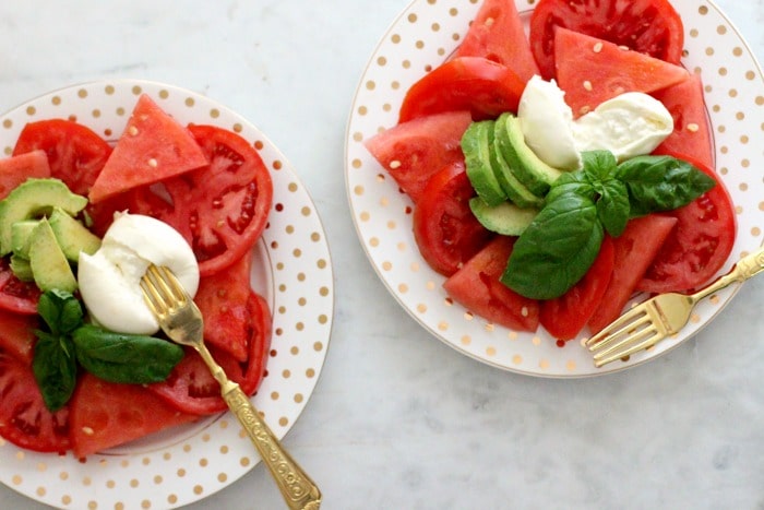 Watermelon Avocado Burrata Caprese Salad Recipe two plates