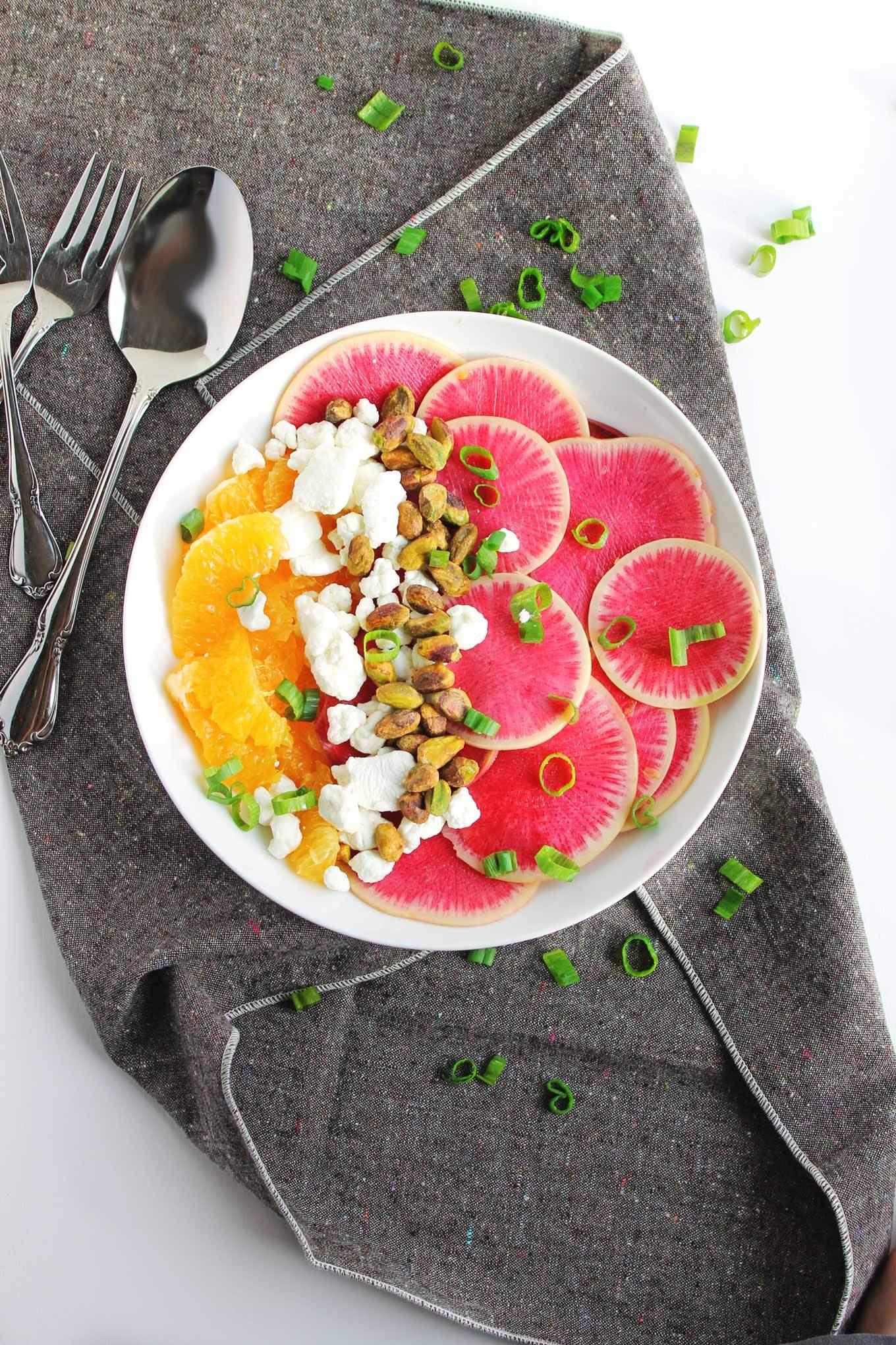 Winter Salad Recipes Watermelon Radish Orange Salad with Goat Cheese and Pistachios