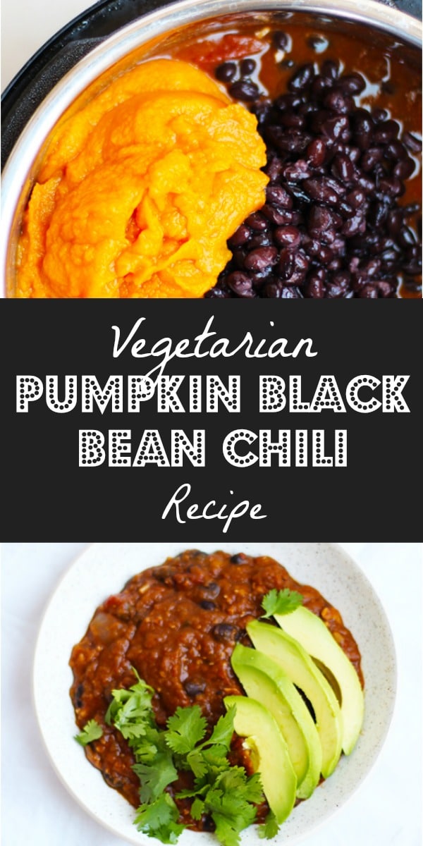 Vegetarian Pumpkin Black Bean Chili Recipe with cilantro lime and avocado