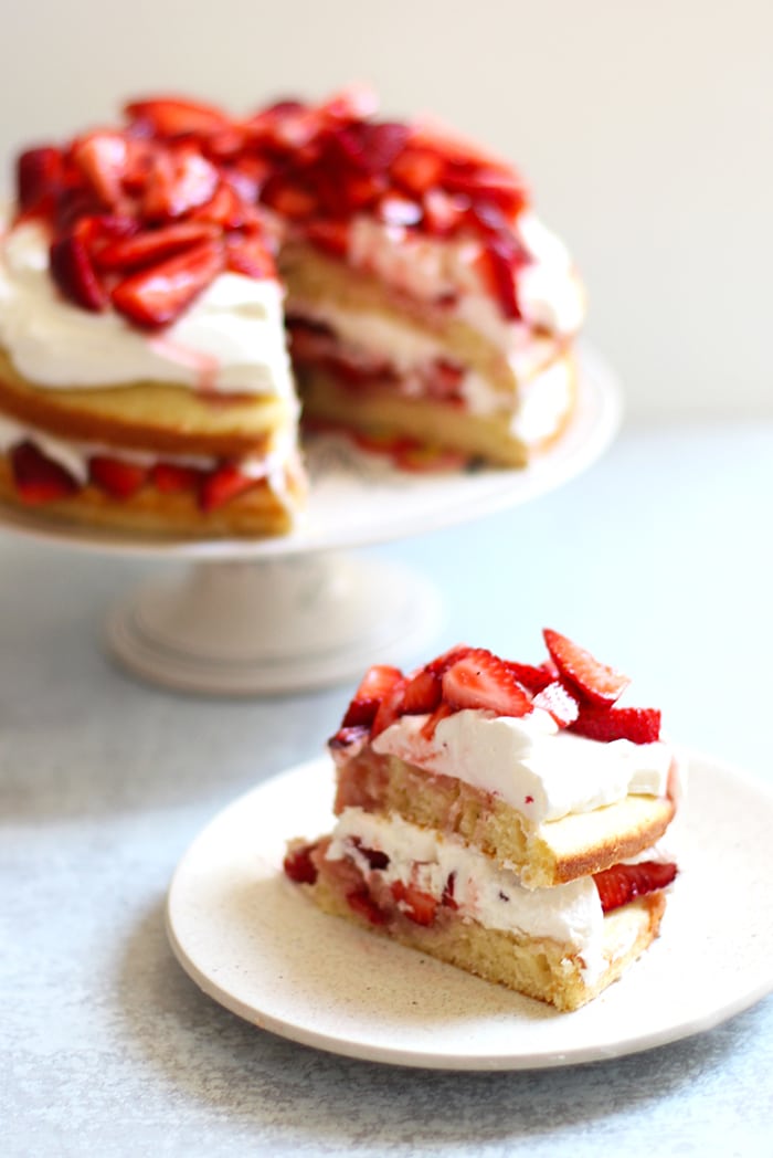 Layered Strawberry Cake with Fresh Whipped Cream - Rainbow Delicious
